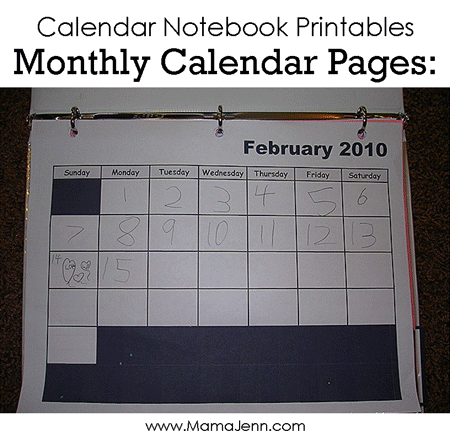 Calendar Notebook Printables: Monthly Calendar Pages